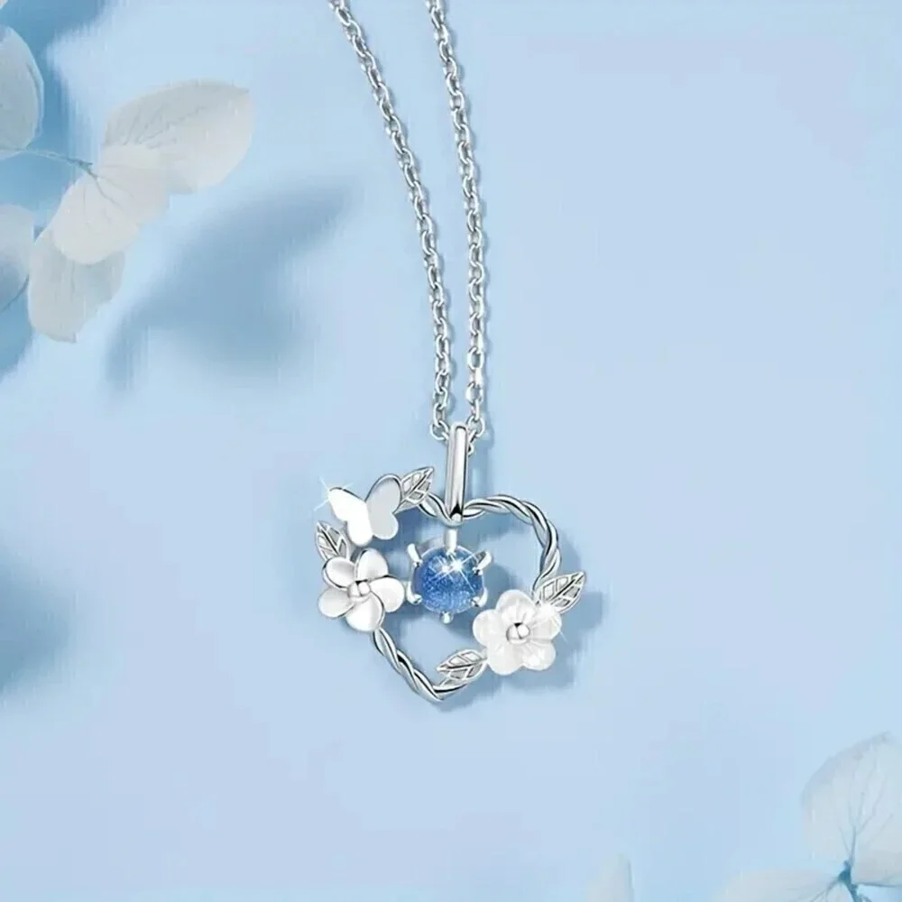 Elegant Moonstone Butterfly Heart Flower Pendant Necklace